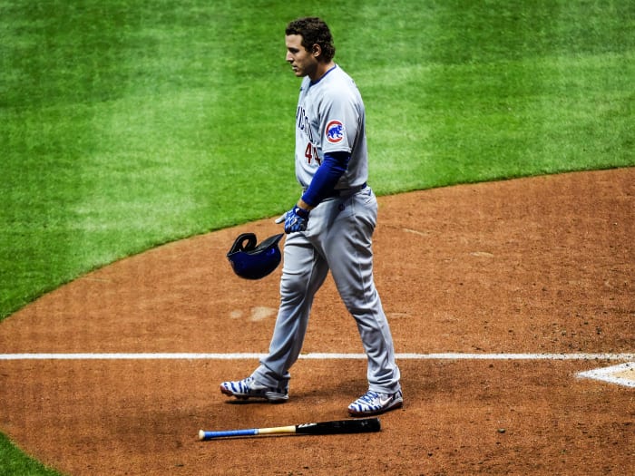 Sep 11, 2020; Milwaukee, Wisconsin, USA; Chicago Cubs first baseman Anthony Rizzo (44) reacts after striking out in the eighth inning against the Milwaukee Brewers at Miller Park.